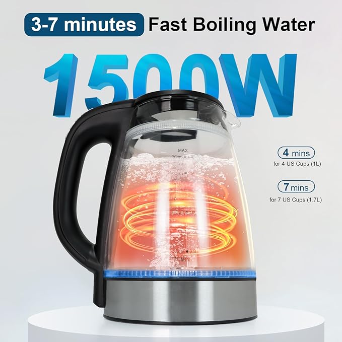 1500W Electric Kettle with Temperature Control - 6-Temp Presets for Tea/Coffee, Double Wall Cool-Touch, 4H Keep Warm, 1.7L Borosilicate Glass & BPA-Free, Fast Boil for Home/Office - Bloomnest