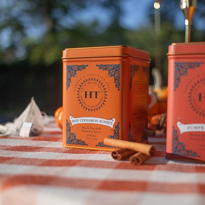 Harney & Sons Black Tea, 20 Sachets, Pack of 4 | Hot Cinnamon Sunset | Caffeinated | Orange and Cloves | Tin Packaging - Bloomnest