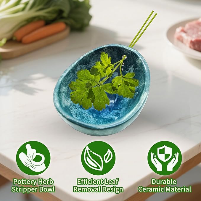 Herb Stripper, Herb Chopper, Herb Stripper Bowl, Kitchen Herb Stripping Tool for Kale, Small Pottery Herb Stripper Ceramic Bowl, Suitable for Peeling off the Leafy Assembly (Blue Glaze) - Bloomnest