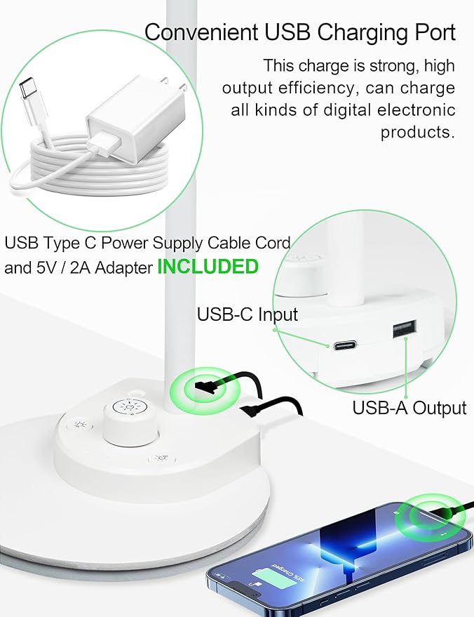 BOHON LED Desk Lamp with USB Charging Port, 3 Color Modes Dimmable Reading Lamp, Auto Dimming Task Lamp, Flexible Gooseneck Table Light for Dorm Bedside, Adapter Include, White - Bloomnest