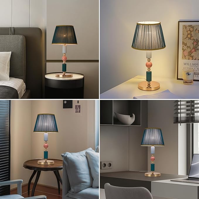 Green Fabric Shade Table Lamp Modern Metal Desk Lamp with Plug Cord Switch for Bedroom Bedside - Bloomnest
