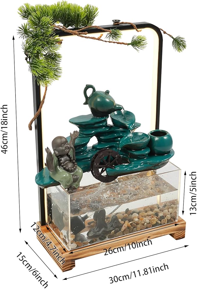 Zen Tabletop Fountain with LED Lights, Handcrafted Ceramic Waterfall Decoration with Fish Tank, Tea Set & Pine Tree for Home/Office, Relaxing Gift for Stress Relief & Good Fortune
