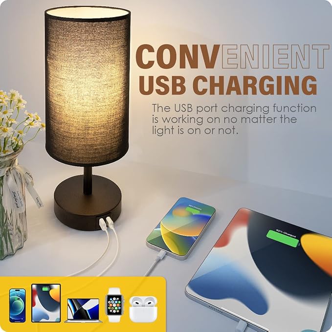Yarra-Decor Bedside Lamps with USB Port - Touch Control Table Lamp for Bedroom 3 Way Dimmable Nightstand Lamp Set of 2 with Round Black Fabric Shade for Living Room, Dorm, Home Office (Black, 2 Pack) - Bloomnest