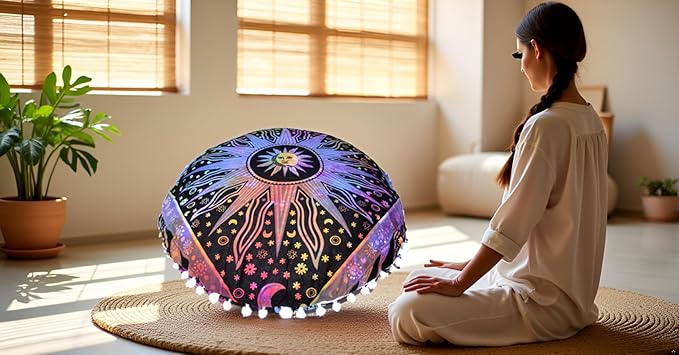 CRAFT KALA Large Round Bohemian Floor Pillow Pouf Cover Mandala Meditation Room Pillow Cover for Adults Boho Seating Poufs Cushion Cover for Kids Playroom 32" Round Multi Purple Burning Sun - Bloomnest