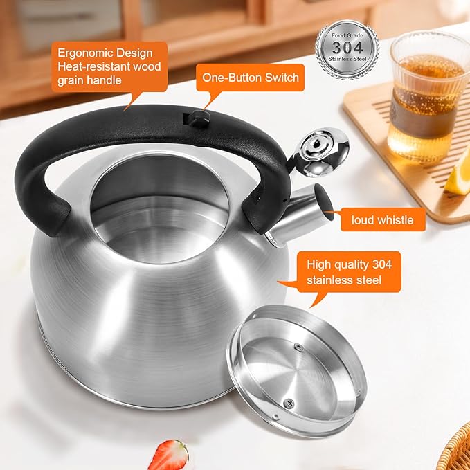 Whistling Stovetop Tea Kettle, 3L Food-Grade 304 Stainless Steel Teapot, Ergonomic Handle,Hot Water Quick Boil,All Metal Stove Kettle Rust Resistant and Durable,With Anti-Scald Towel(Silver) - Bloomnest