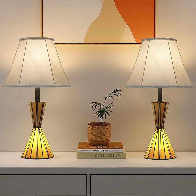 20" Glass Table Lamps Set of 2 with Stained Glass Night Lights 3-Way Dimmable Bedside Lamps for Bedroom Study Room Home Office Bar (Bulbs Included) - Bloomnest