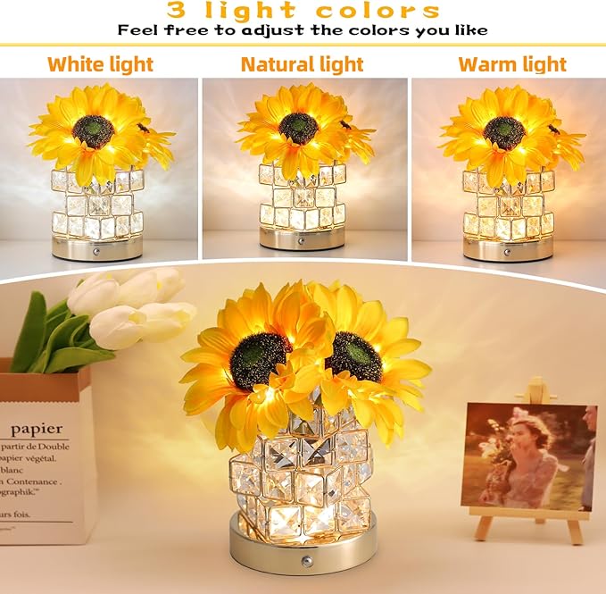 Birthday Gifts for Women,Sunflower Flower Touch Lamp,Rechargeable Cordless 3-Colour Dimming Small Night Light for Festival,Restaurant,Bedroom Housewarming Gifts for Mom - Bloomnest