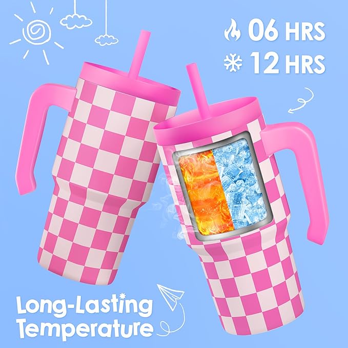 Checkered Tumbler 20oz with Handle and Silicone Straw Lid for Kid, Reusable Stainless Steel Water Bottle, Spill Proof and Leak Resistant, Gift for Kids Girls - Bloomnest