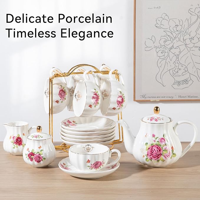 Porcelain Tea Sets British Royal Series, 8 OZ Cups & Saucer Service for 6, with Teapot Sugar Bowl Cream Pitcher Teaspoons and Tea Strainer, Suitable for High Tea, Wedding, Party (Midsummer Rose) - Bloomnest