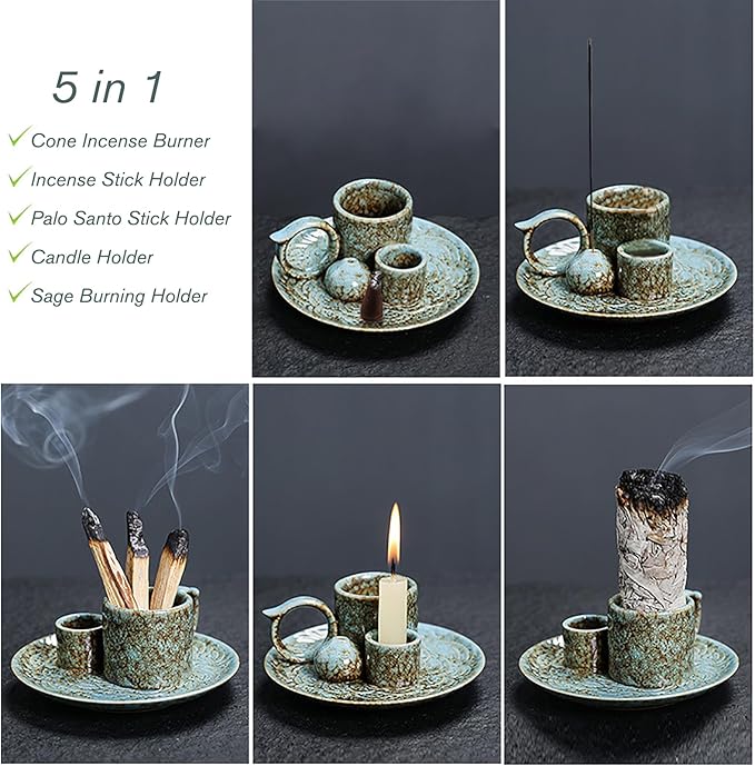 4 in 1 Ceramic Incense Burner Holder with Handle for Burning Sage, Palo Santo Stick, Joss Sticks, Candle in Your New House, Office, Yoga, Meditation Room (Speckled Blue) - Bloomnest