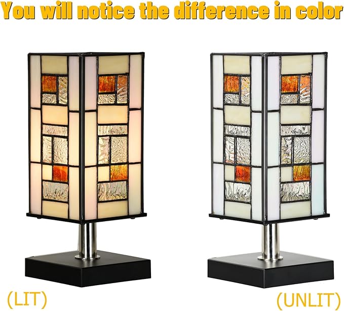 TL0013 Small Retangular Tiffany Lamp Stained Glass Uplight Table Lamp, Mission Style Geometric Desk Nightstand Lamp for Bedroom Living Room Office Dorm, 4.5" W x 11" H, LED Bulb Included - Bloomnest