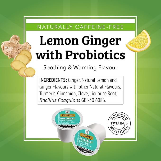 Twinings Probiotics+ Lemon & Ginger Herbal Tea K-Cup Pods for Keurig, 24 Count (Pack of 1), Supports Digestive Health, Naturally Caffeine-Free, Enjoy Hot or Iced - Bloomnest