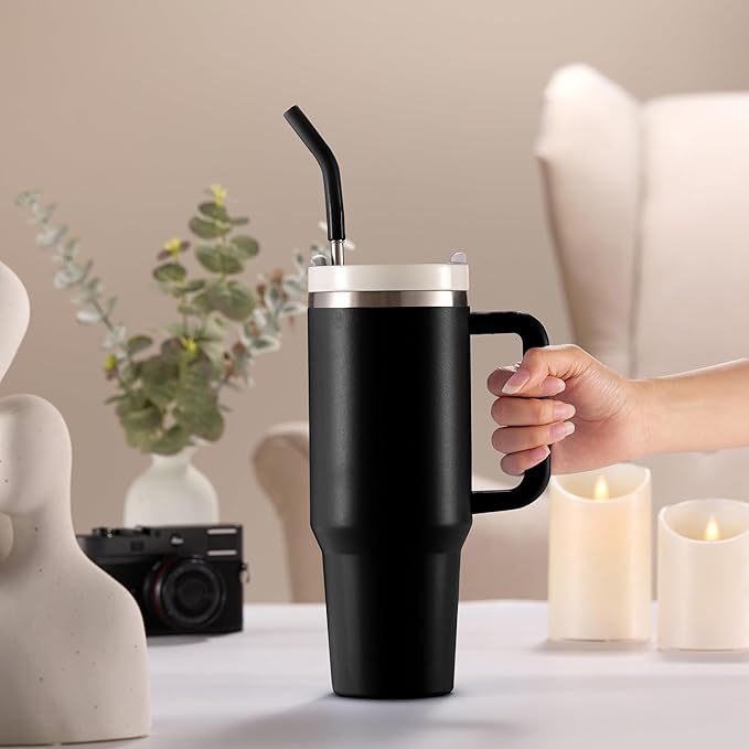 Kook Stainless Steel Tumbler, with Straw and Handle, Leakproof, Vacuum Insulated Travel Coffee Mug, Reusable Double Walled Water Bottle, Keeps Hot or Cold, 40 oz, Black - Bloomnest