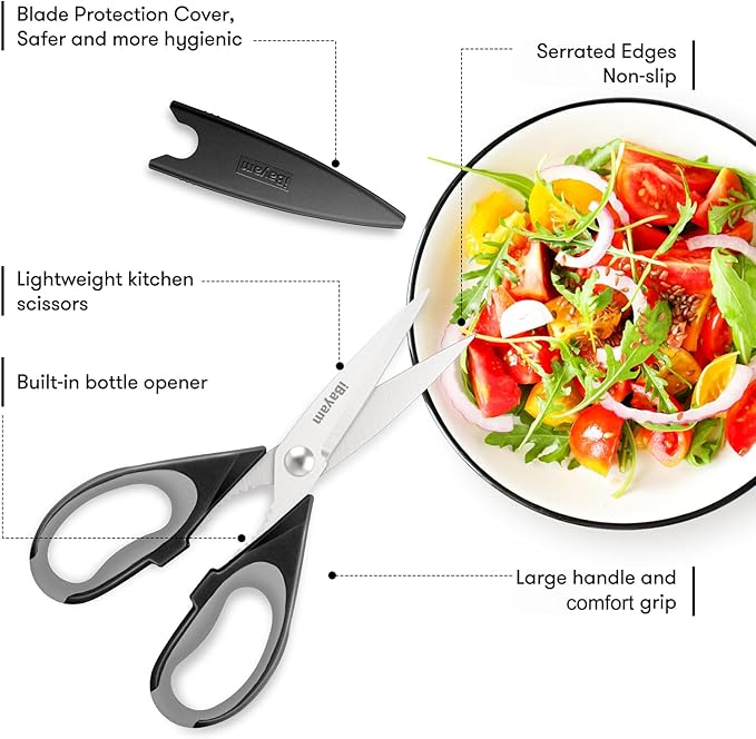 Kitchen Gadgets Utensils Set for Home, iBayam 8.5" Kitchen Scissors with Sheath, Black Cooking Scissors, All Purpose Shears - Bloomnest