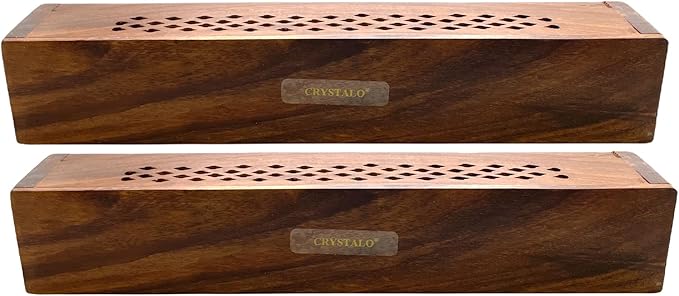 2 Pack Wooden Coffin Incense Sticks Burner - 12 Inches Brass Inlays - Storage Compartment (Net Carving) - Bloomnest
