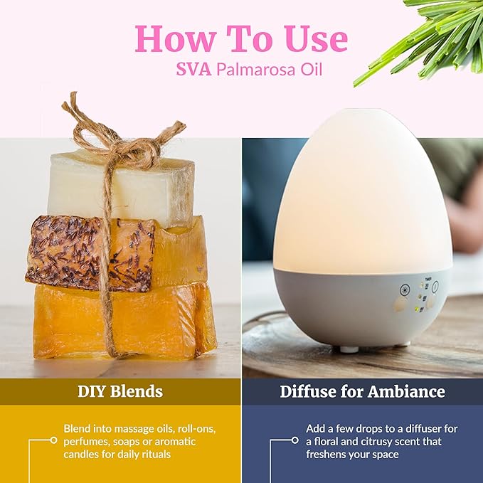 SVA Palmarosa Essential Oil – 4 Fl Oz – 100% Natural Palmarosa Oil - for Diffuser, Hair Care, Face, Skin Care, Aromatherapy, Scalp and Body Massage, Soap and Candle Making – with Dropper - Bloomnest