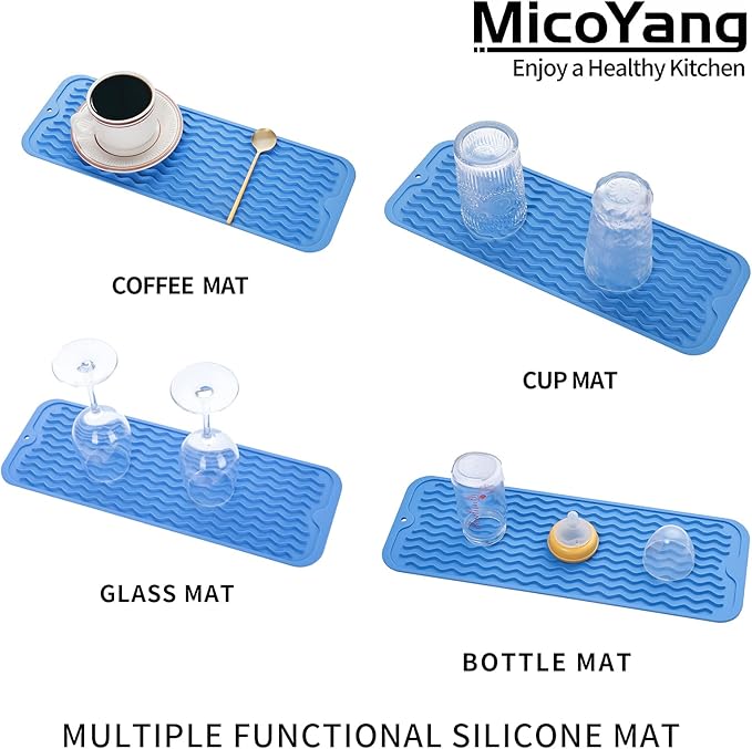 Silicone Dish Drying Mat for Multiple Usage,Easy clean,Eco-friendly,Heat-resistant Silicone Mat for Kitchen Counter,Sink,Bar,Bottle,or Cup Lichen Blue M 17 inches x 6 inches - Bloomnest
