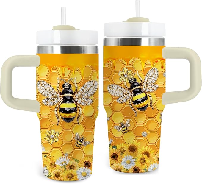 14oz Bee Tumbler with Handle, Stainless Steel Insulated Cup with Lid and Straw Personalized 14 OZ Bee Tumblers Gifts for Women Men - Bloomnest
