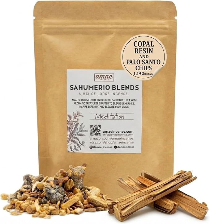 Natural Resin, Herbs & Essence Meditation Mix - Copal & Palo Santo Sacred Blend with Warm Woodsy Aroma - Loose Incense for Cleansing Rituals, Ceremonies & Home Fragrance - 1.19 oz. AmaeIncense