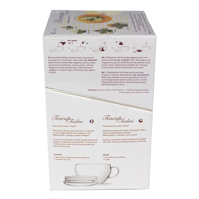 Creano Tea Gift Set Blooming Tea in Cup Size - 8 pcs Flowering White Tea with Glass Tea Cup - 7oz (200ml) - Bloomnest