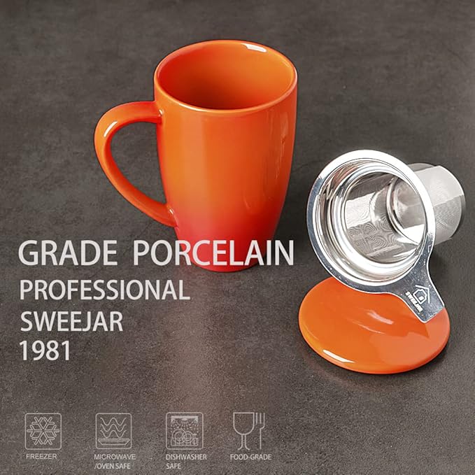 Sweejar Porcelain Tea Mug with Infuser and Lid,Teaware with Filter, Loose Leaf Tea Cup Steeper Maker, 16 Fl Oz for Tea/Coffee/Milk/Women/Office/Home/Gift (Gradient Orange) - Bloomnest