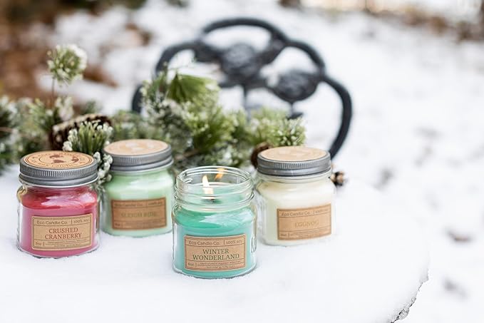 ECO CANDLE CO. Mason Jar Candle, Sleigh Ride, 8 oz. - Scents of Pine & Orange - 100% Soy Wax, No Lead, Kraft Label & Antiqued Pewter Lid, Hand Poured, Phthalate Free, Made from Midwest Grown Soybeans - Bloomnest