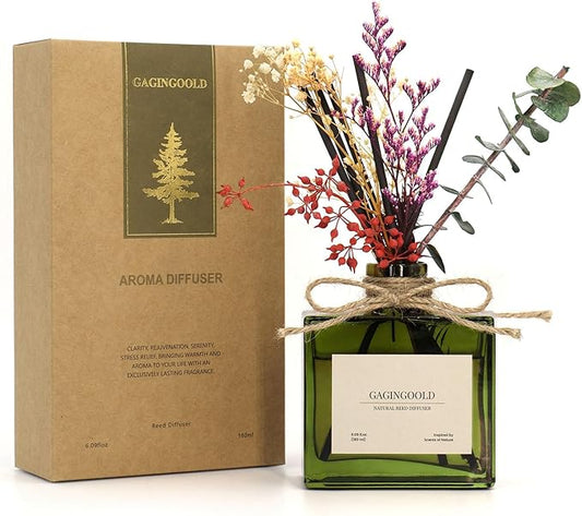 Reed Diffuser, 6.09 oz Earthy Sandalwood Scent Diffuser with Sticks & Dried Flowers, 120 Days Long Lasting diffusers for Home, Elegant Fragrance for Bathroom Bedroom Office Decor Air Fresh