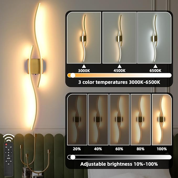 Battery Powered Wall Sconces Set of 2, Gold 39" LED Dimmable Wall Sconce with Remote Control/Timer/Memory, USB Rechargeable Wall Lights for Living Room, Bedroom, Hallway Wireless scones Lighting - Bloomnest