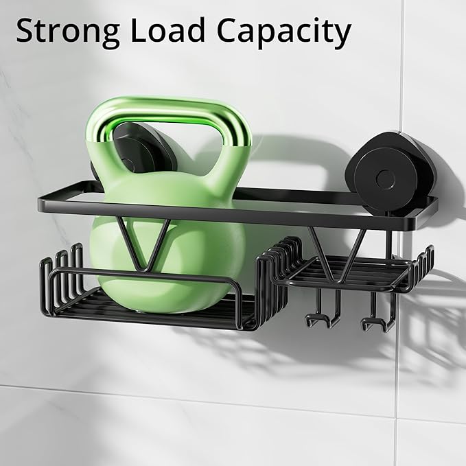 KEGII Shower Caddy Suction Cup with Soap Holder and Hooks, Removable Suction Bathroom Organizer Shelf, No Drilling Shower Organizer, Stainless Steel Shampoo Holder for Bathroom Storage, Black - Bloomnest