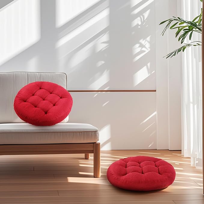 Meditation Floor Pillow, 2 Pack Round Floor Cushions for Adults, Button Tufted Seat Cushions for Yoga Tatami Living Room, Wine Red, 22 x 22 x 4 in