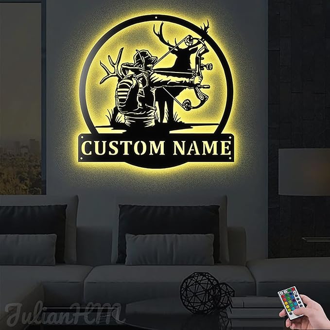 Lovely POD Personalized Hunting Metal Sign, Hunting Art, Custom Deer Bow Hunting Wall Art with LED Lights, Personalized Hunter Name Sign Decoration for Living Room, Hunting Deer Home Décor - Bloomnest