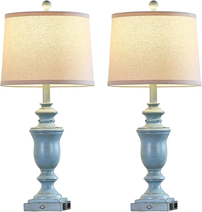 27.5" Set of 2 Farmhouse Table Lamps for Bedroom, 3 Way Dimmable Bedside Lamp with 2 USB +AC Outlet Nightstand Lamps for Living Room Resin Rustic Touch Lamps(Antique Blue) - Bloomnest