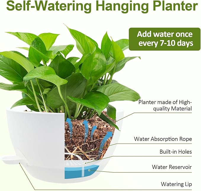 WOUSIWER Self Watering Hanging Planters, 2 Pack 12'' Plastic Pots with Drainage Holes & Reservoir Tray (White) | Indoor & Outdoor Use for Ferns, Ivy, Herbs, Succulents - Bloomnest