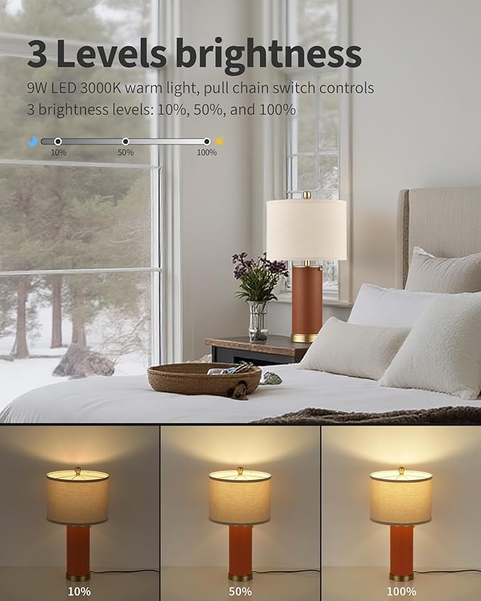 KDG 23.4" Brown PU Leather Table Lamps for Living Room Set of 2, 3 Level Brightness LED Modern Home Decor Fabric Lampshade Desk Lamp Lighitng for Bedroom, Bedside, Farmhouse, Nightstand, Night Light - Bloomnest