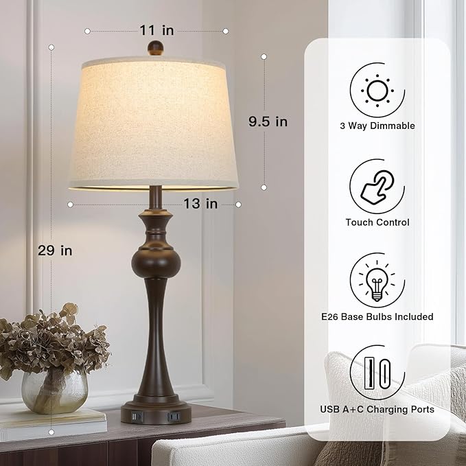 29" Brown Table Lamps Set of 2, Tall Bedside Lamps with USB C+A Ports, 3-Way Dimmable Touch Table Lamp, Nightstand Lamps for Bedroom,Modern Brown Lamps with Beige Lampshade, Bulbs Included - Bloomnest