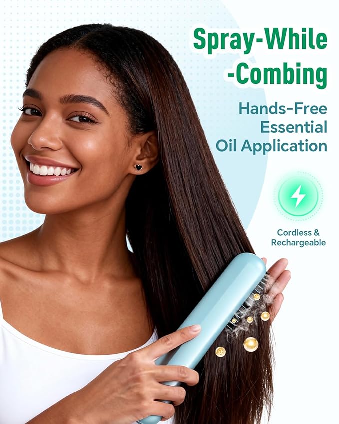 BONNET QUEEN 3-in-1 Electric Scalp Massager & Mist Hair Brush for Curly Hair, Deep Conditioning, Frizz Control, Stress-Relief, Home and Travel Hairbrush for Women, Green BonnetQueen