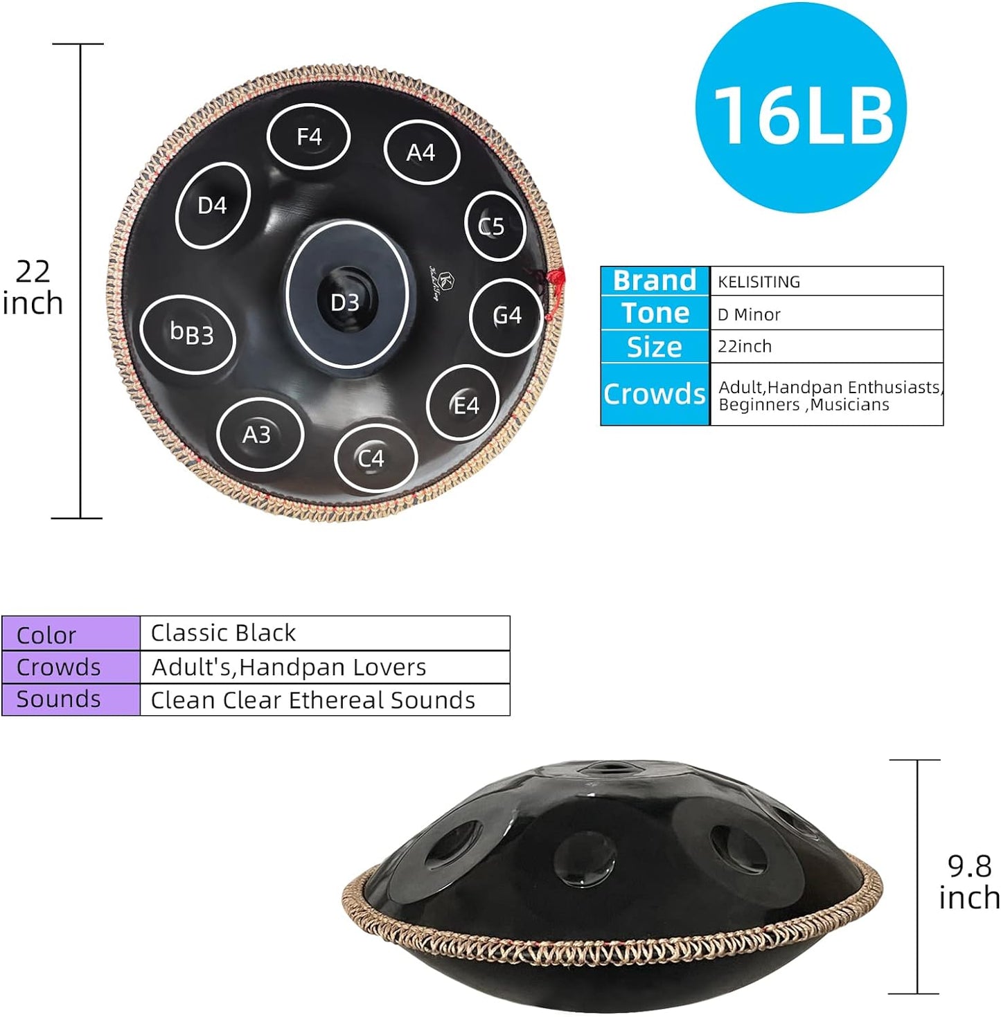 Handpan 432HZ,10 Sounds 22 Inches D Minor Handpan Drum,Premium Steel Hand Pan Instrument for Adults,Classic Black