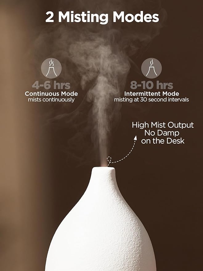 InnoGear Oil Diffuser, 150ML Ceramic Diffuser for Essential Oils Handcrafted Aromatherapy Diffuser Ultrasonic Cool Mist Humidifier with 2 Mist Modes Waterless Auto Off for Room Office, White - Bloomnest