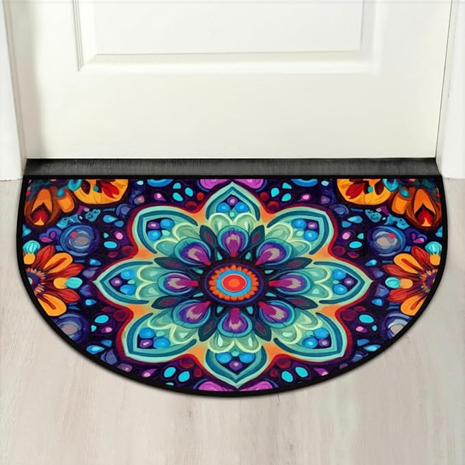 Half Round Door Mat, Boho Flower Half Circle Rug for Home Decor Floor Indoor Outdoor Non-Slip Washable Half Moon Rug Doormat 36X24 Inch - Bloomnest