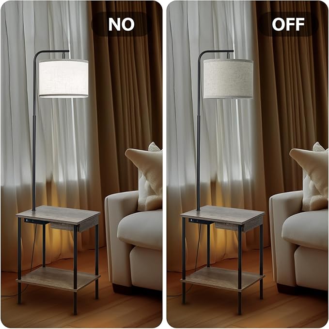 Floor Lamp with Table & Drawers, End Table Lamp with USB Charging Portt Power Outlet and Shelves, Side Table Reading Light with 3 Color Temperature Led Bulb Included for Living Room, Gray - Bloomnest
