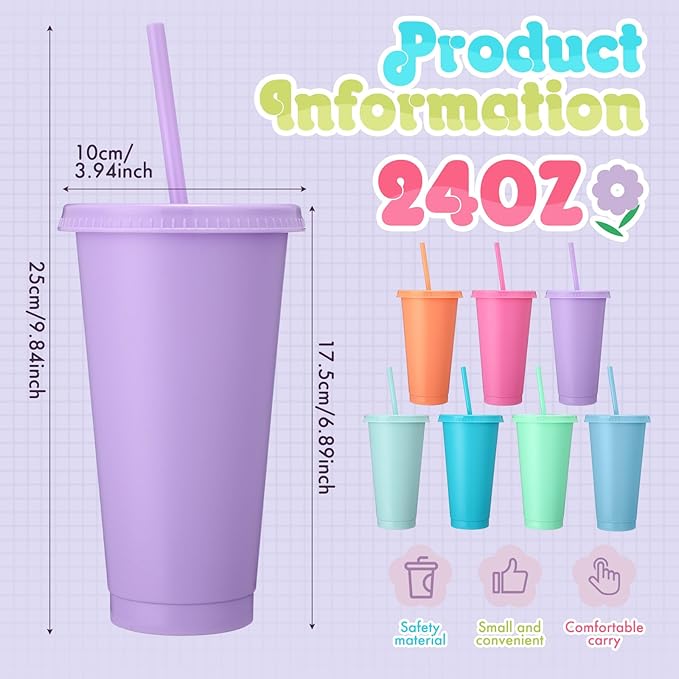 Honeydak 15 Pack Tumbler with Straw and Lid Bulk Water Bottle Iced Coffee Travel Mug Cup Reusable Plastic Cups for Party Birthdays 24-27 oz (Macaron Color) - Bloomnest
