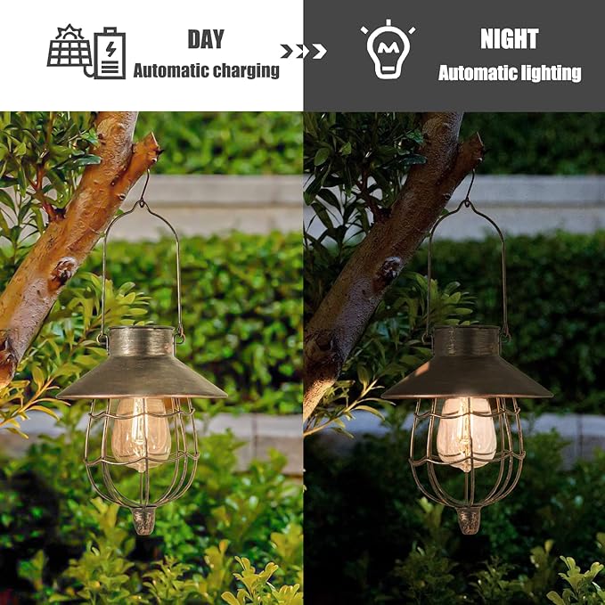 YAKii 2 Pack Solar Lantern Hanging Waterproof Outdoor Metal Solar Lamp with Warm White Light Decorate for Yard Garden Pathway Patio Porch Decor (Antique Copper) - Bloomnest