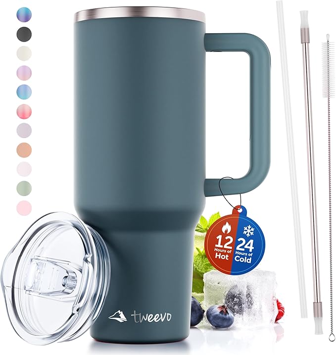 40 oz Tumbler With Handle and Straw Made of Stainless Steel - Double Wall Vacuum Insulated Tumbler With Lid - Sweat Proof Easy Grip, BPA-Free, Dishwasher Safe Tumbler (Charcoal) - Bloomnest