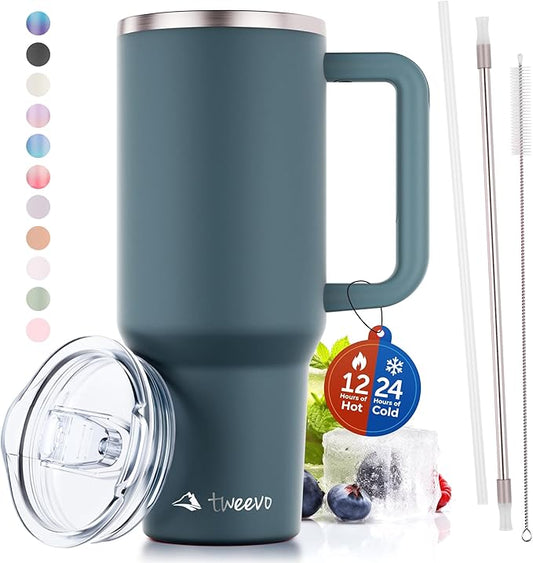 40 oz Tumbler With Handle and Straw Made of Stainless Steel - Double Wall Vacuum Insulated Tumbler With Lid - Sweat Proof Easy Grip, BPA-Free, Dishwasher Safe Tumbler (Charcoal) - Bloomnest
