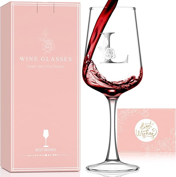 Valentines Day Gifts for Her Women - Personalized Initial Wine Glasses Custom Gift, Galentines Gift Christmas Mothers Day Birthday Gifts for Women Her Mom Wife Best Friend Sister (L) - Bloomnest