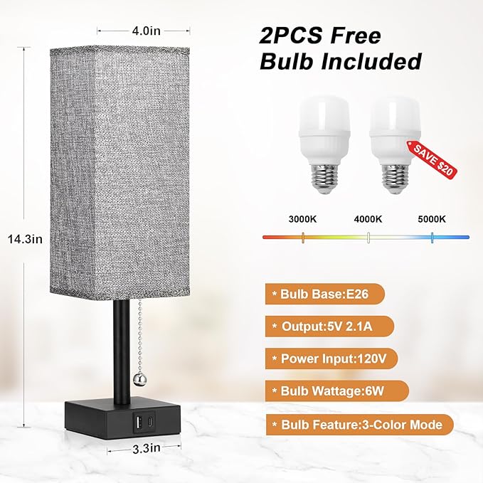 Bedside Table Lamps Set of 2 - Gray Bedroom Lamps with 3 Color Temperatures (3000K/5000K/4000K), Square Nightstand Light with USB C + A Charging Ports, Pull Chain Small Night Light - Bloomnest