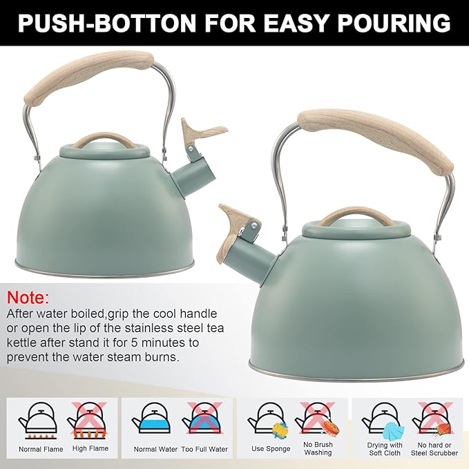 3.2 Quart Whistling Tea Kettle for Stove Top Stainless Steel Tea Pots With Wood Pattern Anti-slip Handle, Green… - Bloomnest