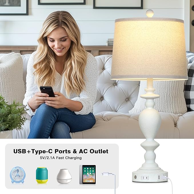28" White Farmhouse Table Lamps Set of 2 with USB C+A Ports & AC Outlet for Vintage Living Room Rustic Bedroom,3-Way Dimmable Touch Lamp Retro Resin Bedside Lamps for Nightstand Side Table - Bloomnest