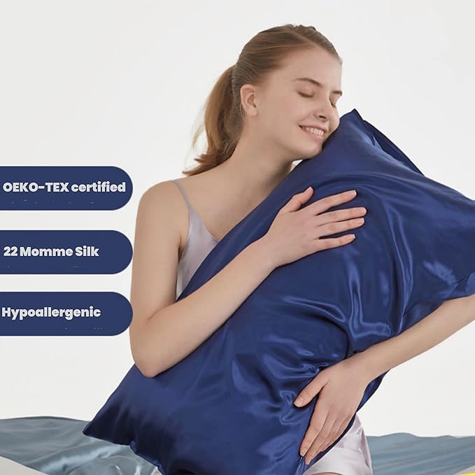 Oeko-TEX Certified Navy Silk Pillow Cases Queen Made in USA, 22 Momme, 100% Natural Mulberry Silk Pillowcase for Women Hair and Skin, Organic (Navy Blue, Queen) - Bloomnest