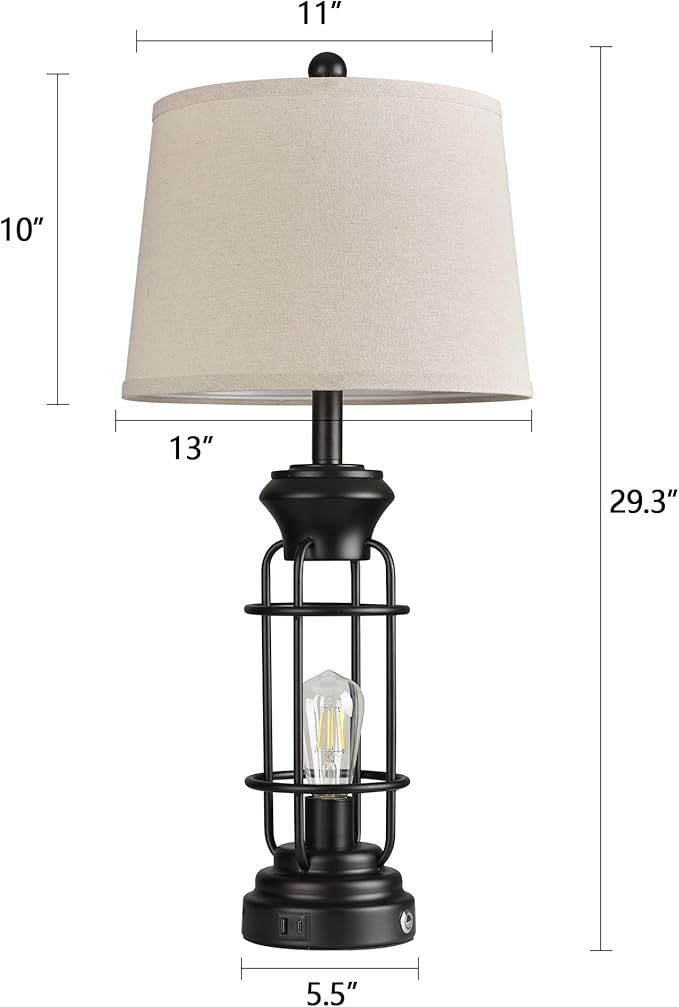 Table Lamp Set of 2 with USB Ports, 28" Tall Farmhouse Table Lamp with 2 Nightlight Bulbs,Touch Control Table Lamps for Bedroom, Rustic Bedside Lamp for End Tables,Bulbs Included,Black - Bloomnest